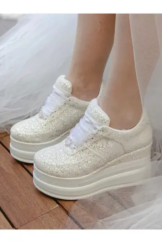 Wedding Shoes Glittery Off-White 9cm Padded Heel Very Comfortable - AYAKKABI TUTKUSU STILO ® (1)