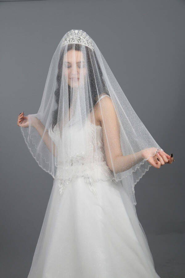 Wedding Veil with Sparkling Crystal Stone Embellishment, Two-Layered Off-White Bridal Veil - 7