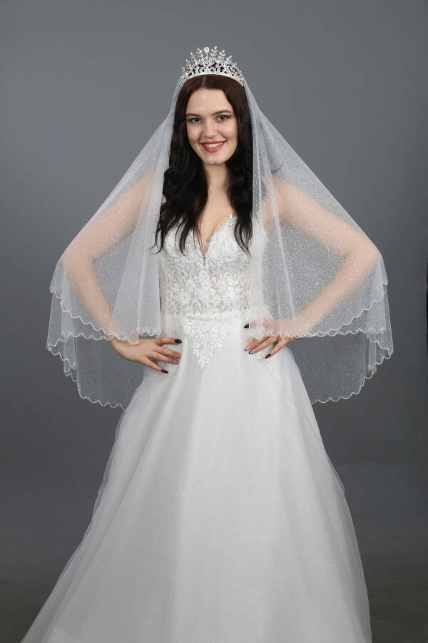 Wedding Veil with Sparkling Crystal Stone Embellishment, Two-Layered Off-White Bridal Veil - 8