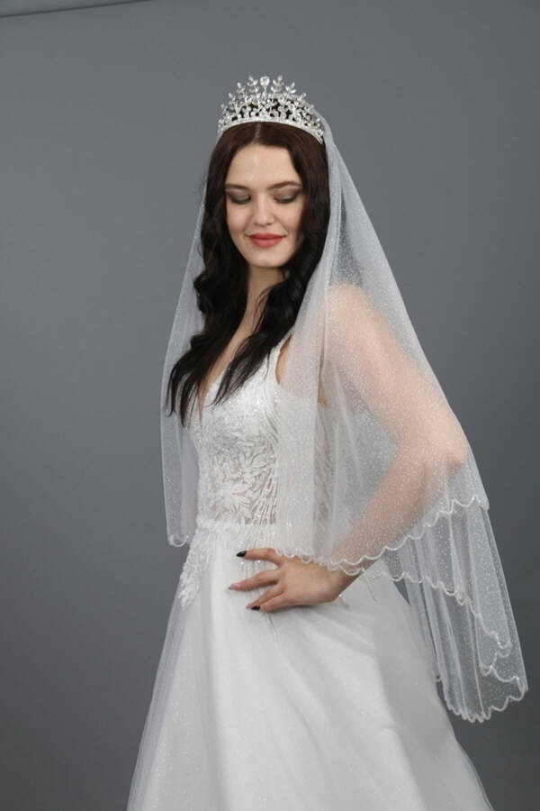 Wedding Veil with Sparkling Crystal Stone Embellishment, Two-Layered Off-White Bridal Veil - 9