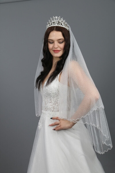 Wedding Veil with Sparkling Crystal Stone Embellishment, Two-Layered Off-White Bridal Veil - 6