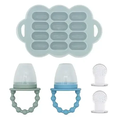 WeeSprout Baby Food Feeder Set - 2 Silicone Feeders & Reusable Freezer Tray with Lid - BPA-Free Fresh Fruit & Veggie Pacifier for Babies & Toddlers - Double as Teething Toys - Dishwasher Safe - 1