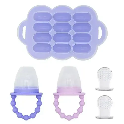 WeeSprout Baby Food Feeder Set - 2 Silicone Feeders & Reusable Freezer Tray with Lid - BPA-Free Fresh Fruit & Veggie Pacifier for Babies & Toddlers - Double as Teething Toys - Dishwasher Safe 