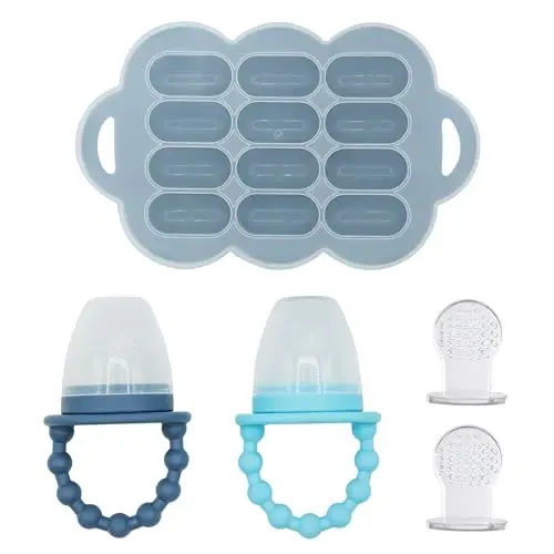 WeeSprout Baby Food Feeder Set - 2 Silicone Feeders & Reusable Freezer Tray with Lid - BPA-Free Fresh Fruit & Veggie Pacifier for Babies & Toddlers - Double as Teething Toys - Dishwasher Safe - 6