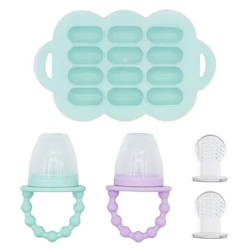 WeeSprout Silicone Baby Food Feeders + Freezer Tray for Batch Prep, Set of 2, Introduce New Foods Safely, Double as Teething Toys, Includes 2 Extra Pouches & Travel Lids, Dishwasher Safe - 6
