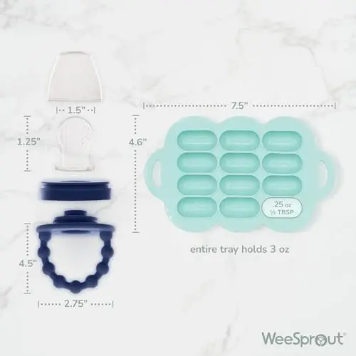 WeeSprout Baby Food Feeder Set - 2 Silicone Feeders & Reusable Freezer Tray with Lid - BPA-Free Fresh Fruit & Veggie Pacifier for Babies & Toddlers - Double as Teething Toys - Dishwasher Safe 