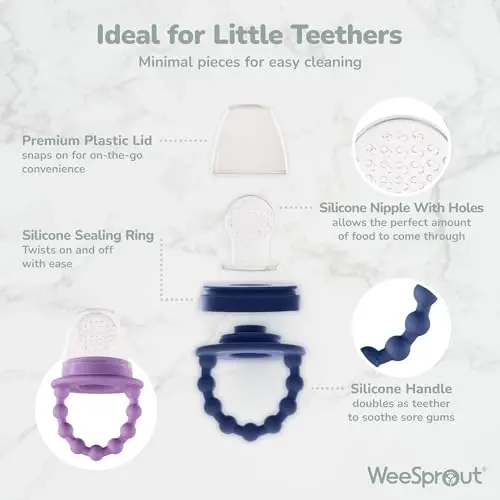WeeSprout Baby Food Feeder Set - 2 Silicone Feeders & Reusable Freezer Tray with Lid - BPA-Free Fresh Fruit & Veggie Pacifier for Babies & Toddlers - Double as Teething Toys - Dishwasher Safe - 2