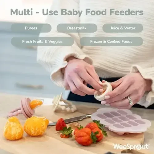 WeeSprout Silicone Baby Food Feeders + Freezer Tray for Batch Prep, Set of 2, Introduce New Foods Safely, Double as Teething Toys, Includes 2 Extra Pouches & Travel Lids, Dishwasher Safe - 5