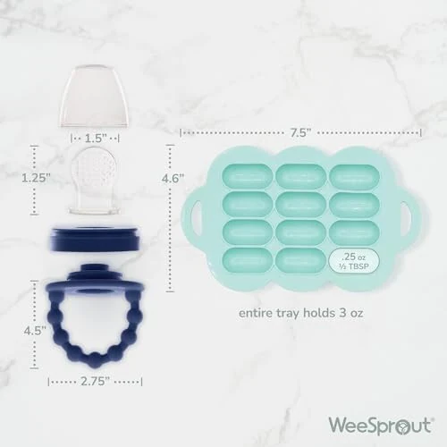 WeeSprout Silicone Baby Food Feeders + Freezer Tray for Batch Prep, Set of 2, Introduce New Foods Safely, Double as Teething Toys, Includes 2 Extra Pouches & Travel Lids, Dishwasher Safe - WeeSprout