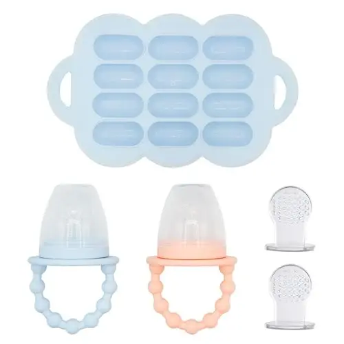 WeeSprout Silicone Baby Food Feeders + Muzlatgich Tovoq, 2 to'plam, Yangi ovqatlarni xavfsiz tarzda tanishtiring, Tishlash o'yinchoqlari sifatida ikki barobar ko'payadi, 2 ta qo'shimcha xaltachalar va sayohat qopqoqlari, Idish yuvish mashinasida xavfsiz - 6
