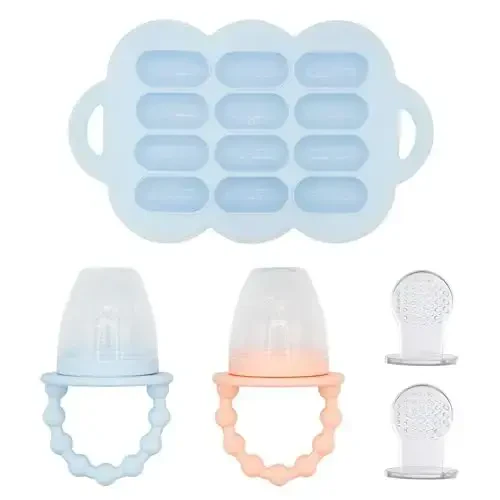 WeeSprout Silicone Baby Food Feeders + Muzlatgich Tovoq, 2 to'plam, Yangi ovqatlarni xavfsiz tarzda tanishtiring, Tishlash o'yinchoqlari sifatida ikki barobar ko'payadi, 2 ta qo'shimcha xaltachalar va sayohat qopqoqlari, Idish yuvish mashinasida xavfsiz - 6