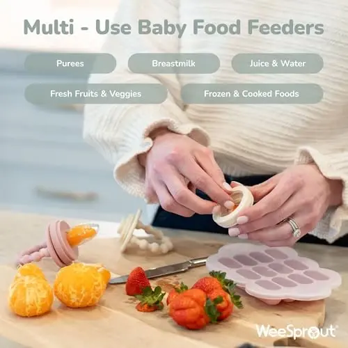 WeeSprout Silicone Baby Food Feeders + Freezer Tray for Batch Prep, Set of 2, Introduce New Foods Safely, Double as Teething Toys, Includes 2 Extra Pouches & Travel Lids, Dishwasher Safe - 5