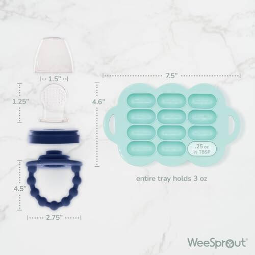 WeeSprout Baby Food Feeder Set - 2 Silicone Feeders & Reusable Freezer Tray with Lid - BPA-Free Fresh Fruit & Veggie Pacifier for Babies & Toddlers - Double as Teething Toys - Dishwasher Safe - 1