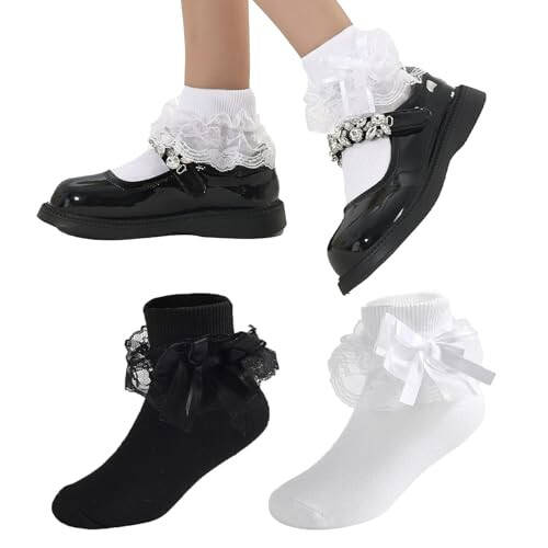 WEIDUAINI Baby Girls Socks Black and White Turn Cuff Lace Bow Ruffle Socks for Kids and Infants Toddlers - 25