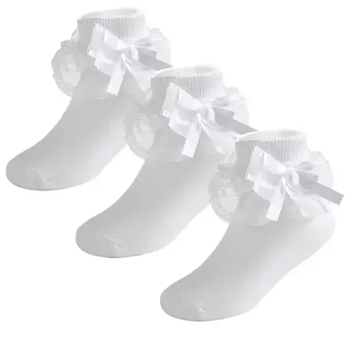 WEIDUAINI Baby Girls Socks Black and White Turn Cuff Lace Bow Ruffle Socks for Kids and Infants Toddlers 
