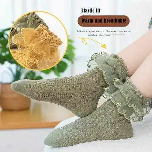 WEIDUAINI Baby Girls Socks Black and White Turn Cuff Lace Bow Ruffle Socks for Kids and Infants Toddlers - 3