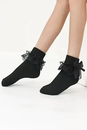 WEIDUAINI Baby Girls Socks Black and White Turn Cuff Lace Bow Ruffle Socks for Kids and Infants Toddlers - 4