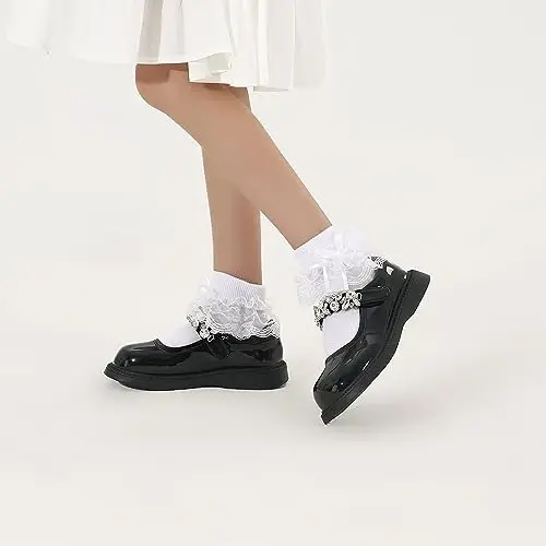 WEIDUAINI Baby Girls Socks Black and White Turn Cuff Lace Bow Ruffle Socks for Kids and Infants Toddlers - 5