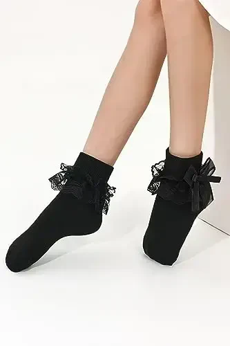 WEIDUAINI Baby Girls Socks Black and White Turn Cuff Lace Bow Ruffle Socks for Kids and Infants Toddlers - 5