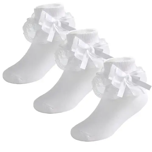 WEIDUAINI Baby Girls Socks Black and White Turn Cuff Lace Bow Ruffle Socks for Kids and Infants Toddlers - 1