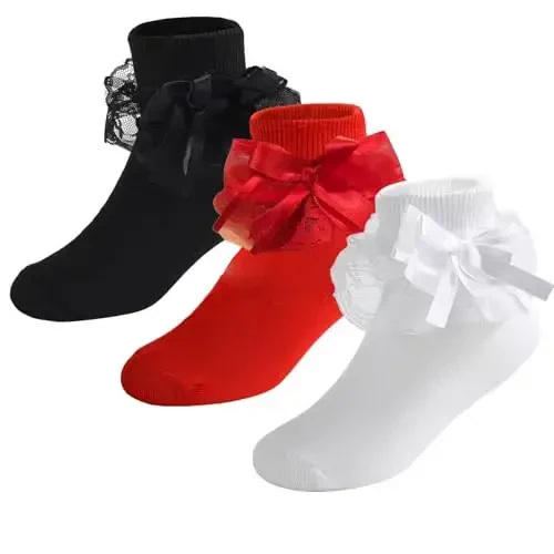 WEIDUAINI Baby Girls Socks Black and White Turn Cuff Lace Bow Ruffle Socks for Kids and Infants Toddlers 