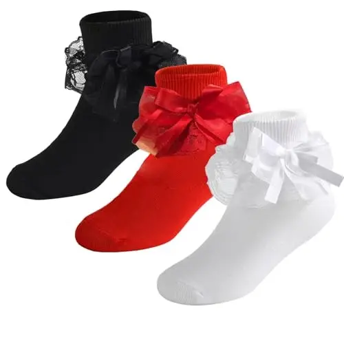 WEIDUAINI Baby Girls Socks Black and White Turn Cuff Lace Bow Ruffle Socks for Kids and Infants Toddlers - 1
