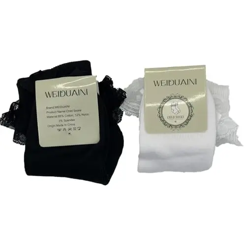 WEIDUAINI Baby Girls Socks Black and White Turn Cuff Lace Bow Ruffle Socks for Kids and Infants Toddlers - 5