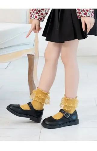 WEIDUAINI Baby Girls Socks Black and White Turn Cuff Lace Bow Ruffle Socks for Kids and Infants Toddlers - 4