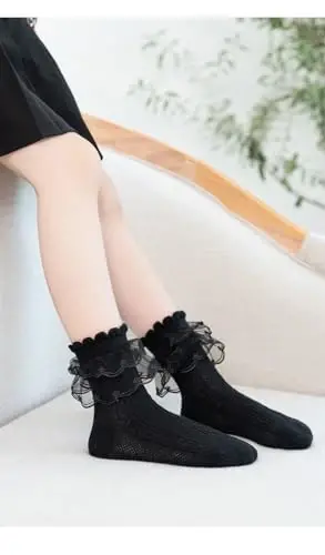 WEIDUAINI Baby Girls Socks Black and White Turn Cuff Lace Bow Ruffle Socks for Kids and Infants Toddlers - 5