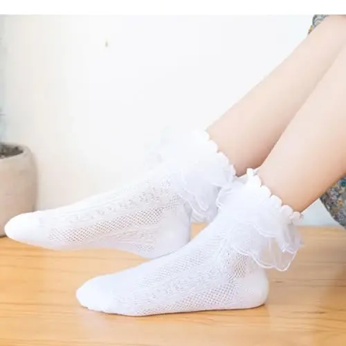 WEIDUAINI Baby Girls Socks Black and White Turn Cuff Lace Bow Ruffle Socks for Kids and Infants Toddlers - 6