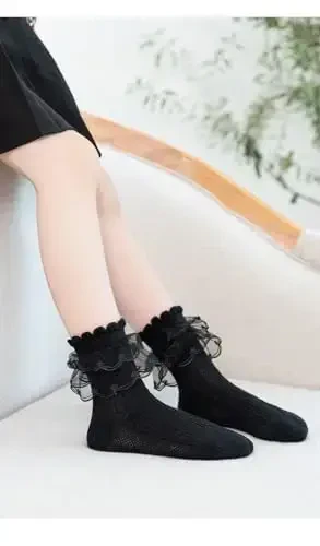 WEIDUAINI Baby Girls Socks Black and White Turn Cuff Lace Bow Ruffle Socks for Kids and Infants Toddlers - 5