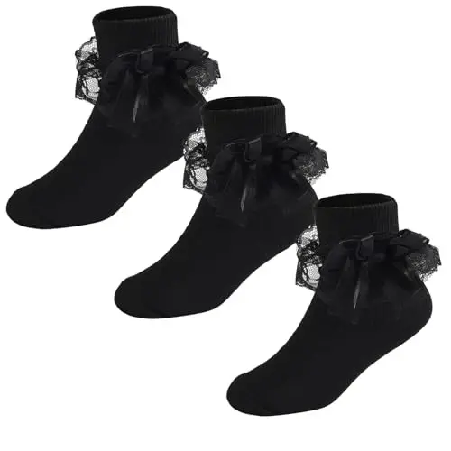 WEIDUAINI Baby Girls Socks Black and White Turn Cuff Lace Bow Ruffle Socks for Kids and Infants Toddlers - 1