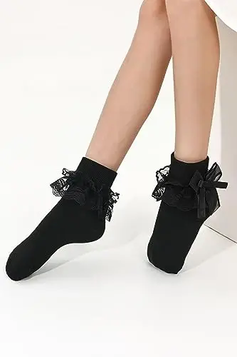 WEIDUAINI Baby Girls Socks Black and White Turn Cuff Lace Bow Ruffle Socks for Kids and Infants Toddlers - 5