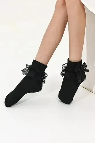 WEIDUAINI Chaqaloq qizlar uchun paypoqlar Qora va oq rangli dantelli kamonli paypoqlar Bolalar va chaqaloqlar uchun - 5