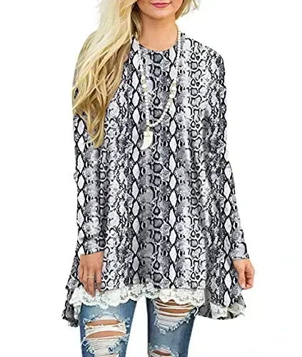 WEKILI Women's Tops Long Sleeve Lace Scoop Neck A-line Tunic Blouse 