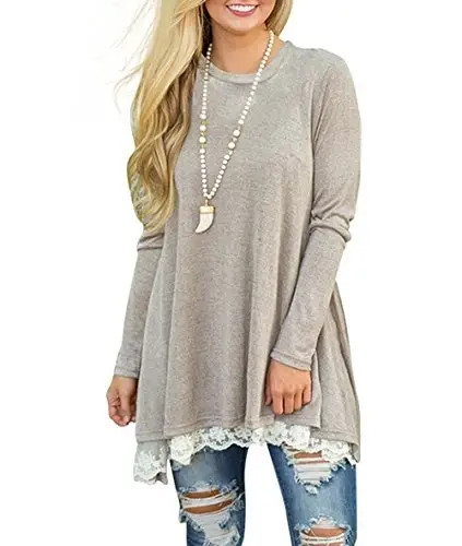 WEKILI Women's Tops Long Sleeve Lace Scoop Neck A-line Tunic Blouse - 2