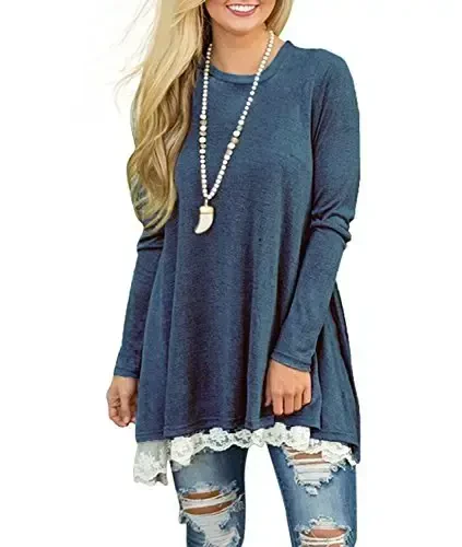 WEKILI Women's Tops Long Sleeve Lace Scoop Neck A-line Tunic Blouse - 2