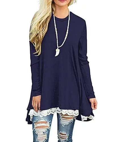 WEKILI Women's Tops Long Sleeve Lace Scoop Neck A-line Tunic Blouse - 1