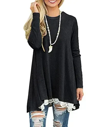WEKILI Women's Tops Long Sleeve Lace Scoop Neck A-line Tunic Blouse - 3