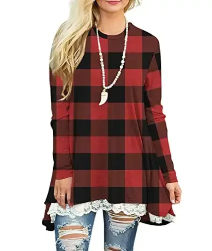 WEKILI Women's Tops Long Sleeve Lace Scoop Neck A-line Tunic Blouse - MODAZONE