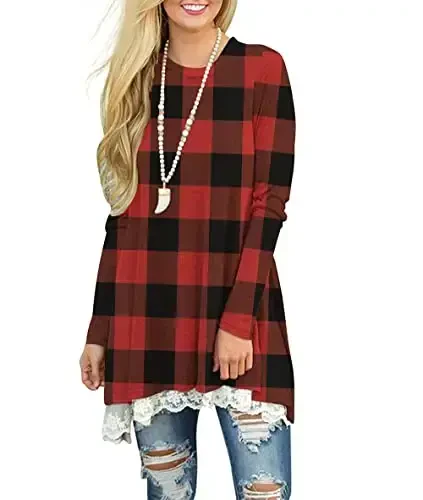 WEKILI Women's Tops Long Sleeve Lace Scoop Neck A-line Tunic Blouse - 2