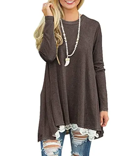 WEKILI Women's Tops Long Sleeve Lace Scoop Neck A-line Tunic Blouse - 3