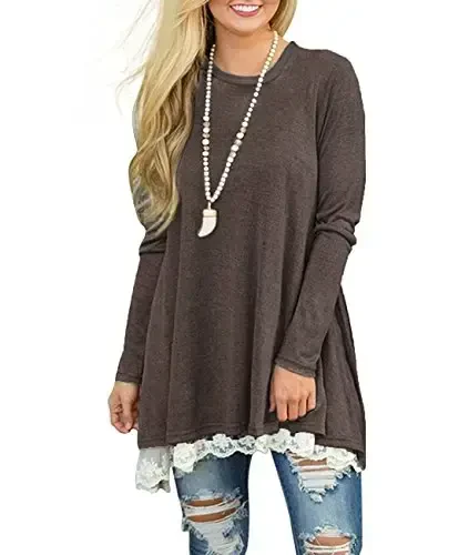 WEKILI Women's Tops Long Sleeve Lace Scoop Neck A-line Tunic Blouse - 2