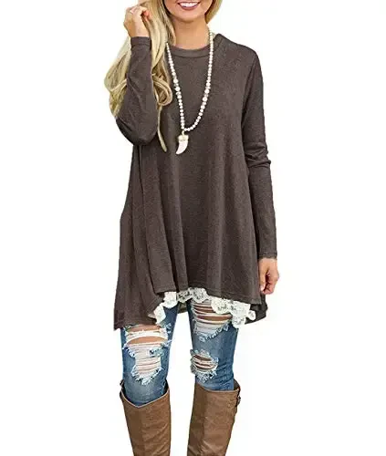WEKILI Women's Tops Long Sleeve Lace Scoop Neck A-line Tunic Blouse - 4
