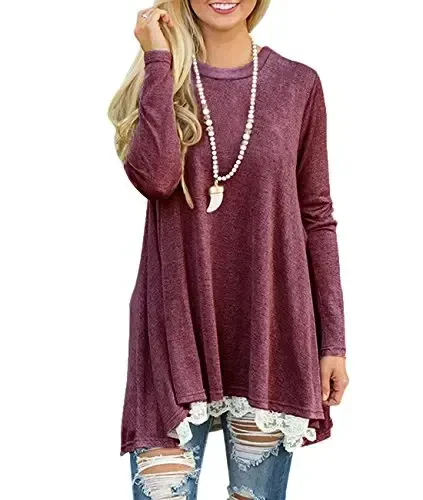 WEKILI Women's Tops Long Sleeve Lace Scoop Neck A-line Tunic Blouse - 3