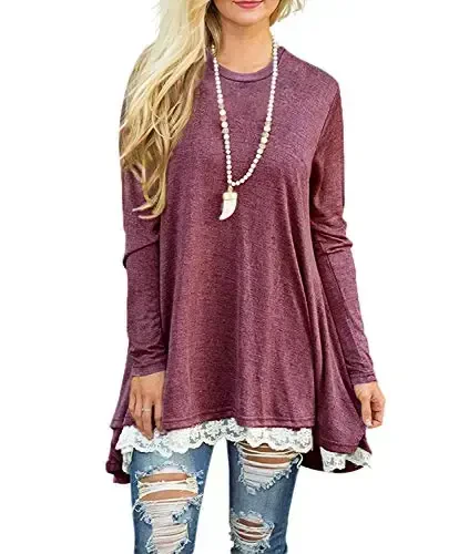 WEKILI Women's Tops Long Sleeve Lace Scoop Neck A-line Tunic Blouse 