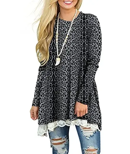 WEKILI Women's Tops Long Sleeve Lace Scoop Neck A-line Tunic Blouse - 2