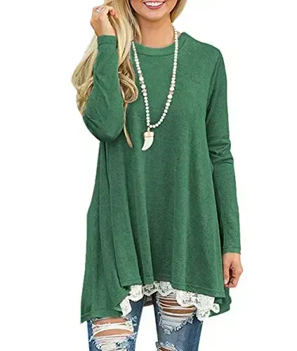 WEKILI Women's Tops Long Sleeve Lace Scoop Neck A-line Tunic Blouse - 2