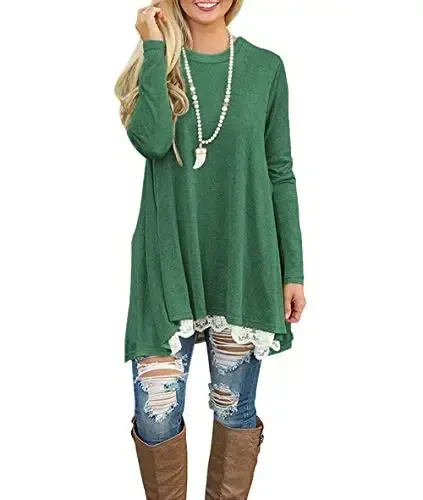 WEKILI Women's Tops Long Sleeve Lace Scoop Neck A-line Tunic Blouse - 3