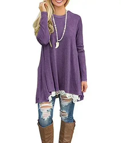 WEKILI Women's Tops Long Sleeve Lace Scoop Neck A-line Tunic Blouse - 3